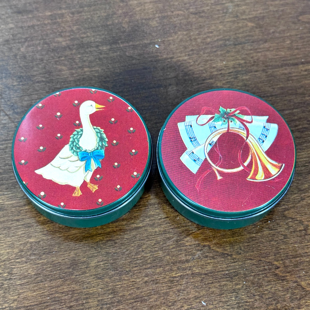 Vintage Mini Tins Christmas Goose and Horn Set of 2 2" Wide